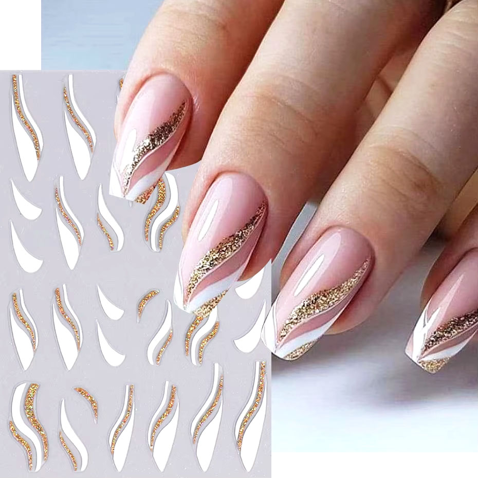 Nail Art Xmas Design - 1pcs Gold Glitter French Design Nail