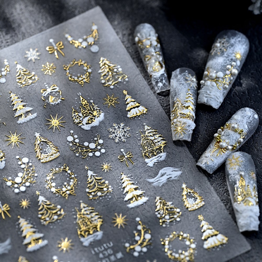 Nail Art Xmas Design - 5D Embossed Gold Castle/Garland/Christmas Tree Nail