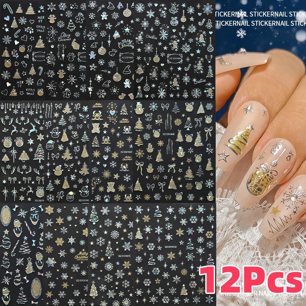 12Pcs 3D Laser Silver Christma - Nail Art Xmas Design ulasan dan harga